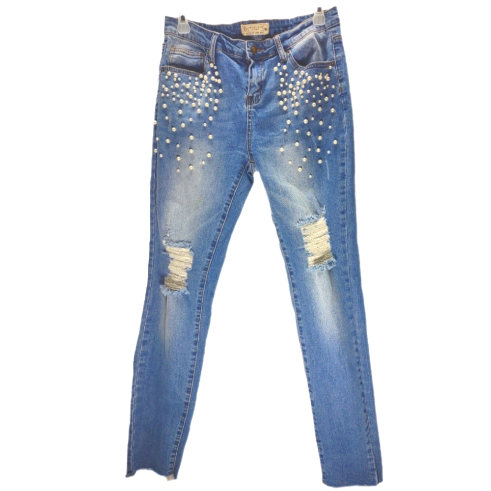 Angel Kiss Pearl jeweled distressed skinny jeans sz 11